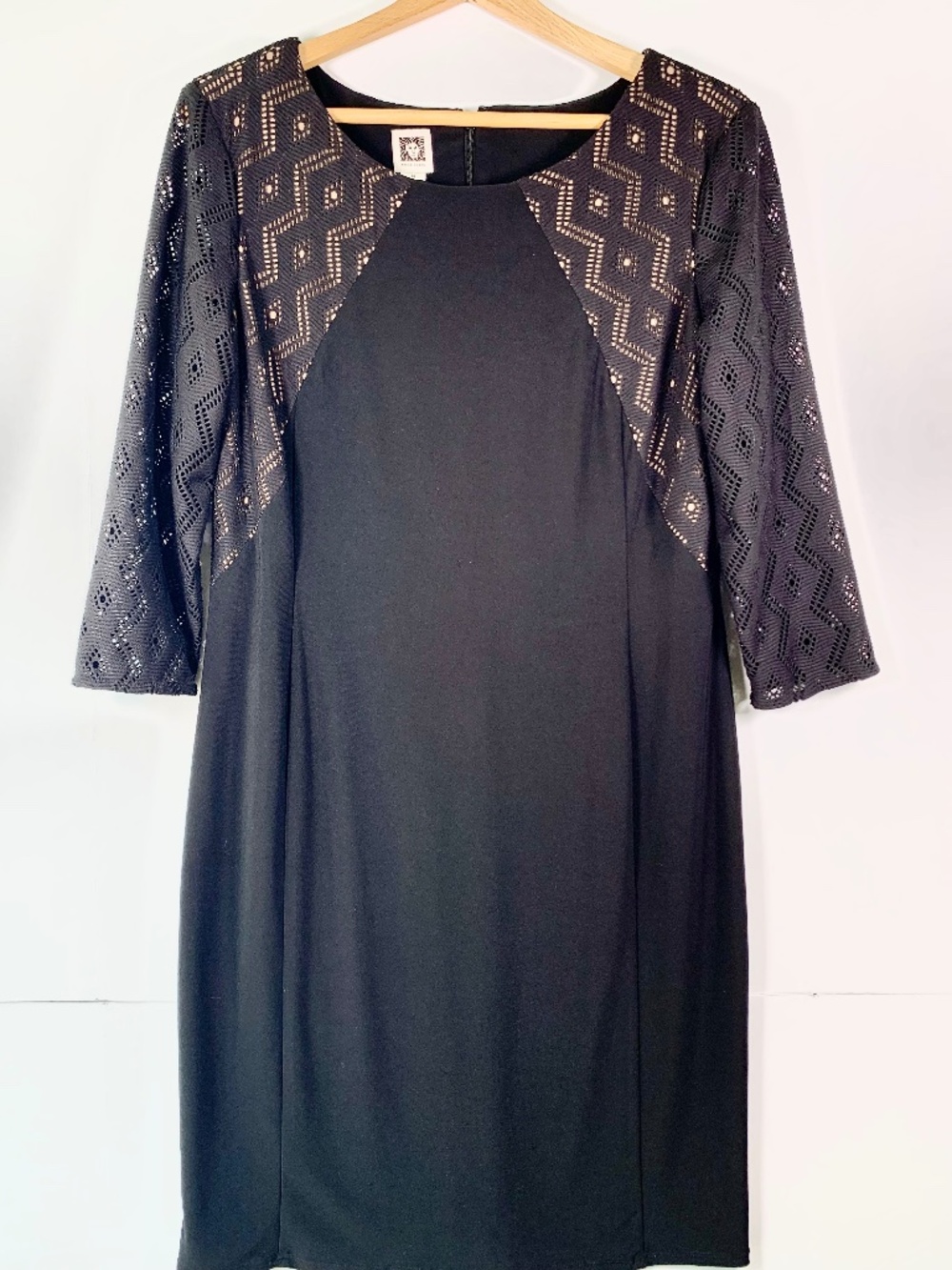 Ann Klein size 14 chic little black stretch midi sheath dress 3/4 lace sleeve